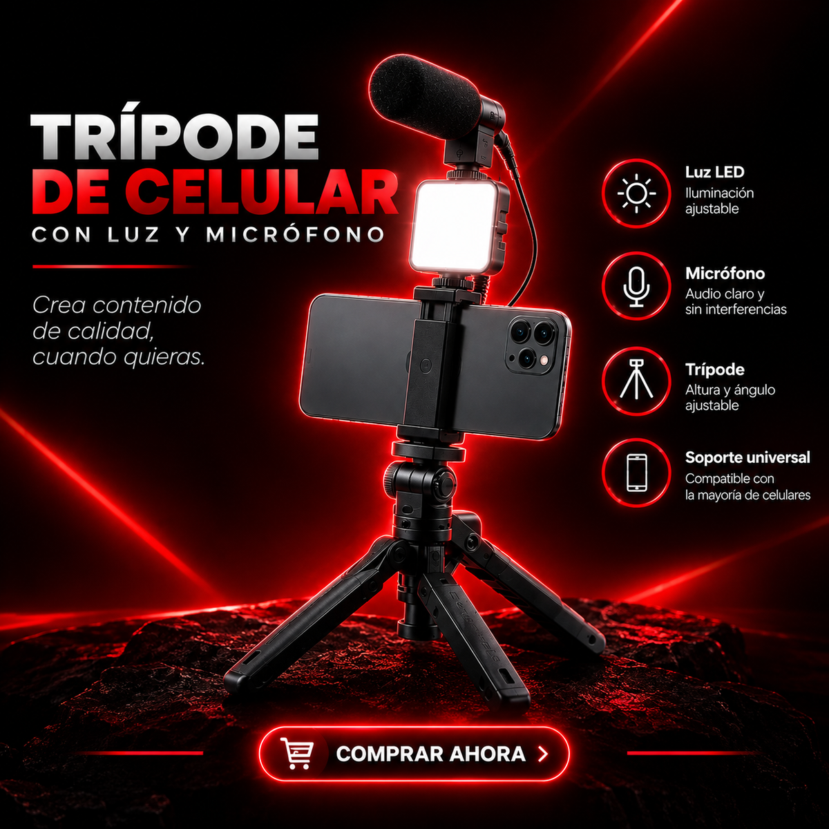 Trípode de Celular con Luz LED y Micrófono