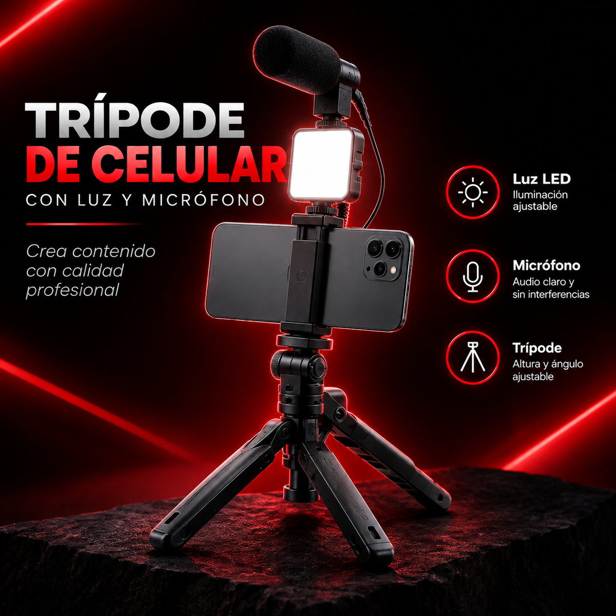 Trípode de Celular con Luz LED y Micrófono
